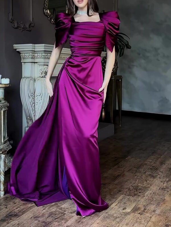 Elegant Puff Sleeve Pleated Slit Maxi Dress- Evening dress - Image 3