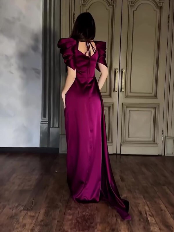 Elegant Puff Sleeve Pleated Slit Maxi Dress- Evening dress - Image 4