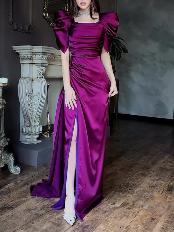 Elegant Puff Sleeve Pleated Slit Maxi Dress- Evening dress