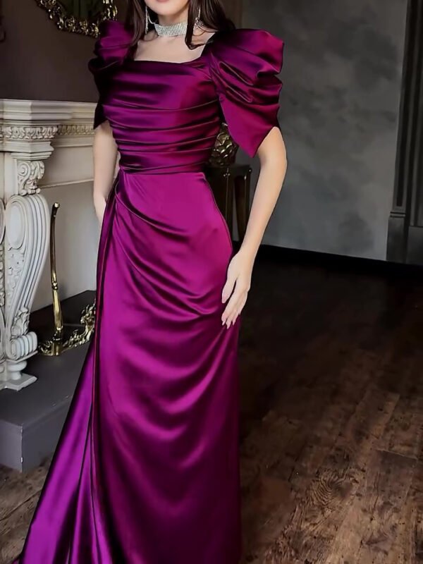 Elegant Puff Sleeve Pleated Slit Maxi Dress- Evening dress - Image 2